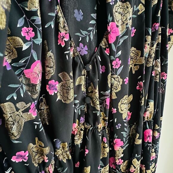 ZARA Metallic‎ Shimmer Tie Neck Blouse Small Gold Floral Statement - Picture 7 of 15